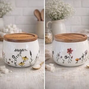 NEW Rae Dunn “Sugar” Floral Ceramic Bowl w/ Wood Lid | New